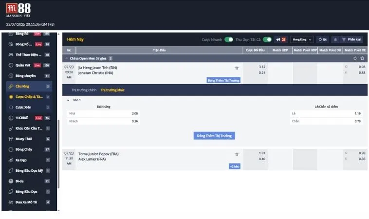 Giao diện cá cược Cầu Lông Tại M88