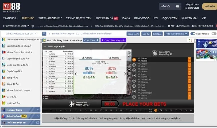 Giao diện cá cược Thể Thao Ảo M88