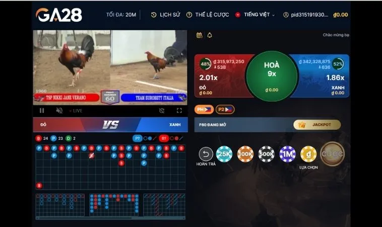 Giao diện cá cược Đá Gà GA28 Tại M88