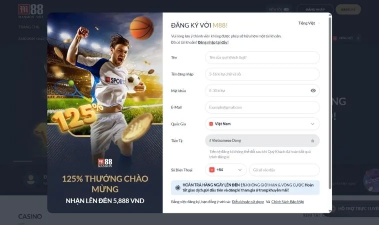 Hướng Dẫn Đăng Ký M88 Nhanh Gọn Trong 3 Phút Nhận Ngay Thưởng Lớn 2 Giao diện đăng ký M88
