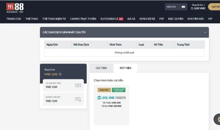 Giao diện rút tiền M88